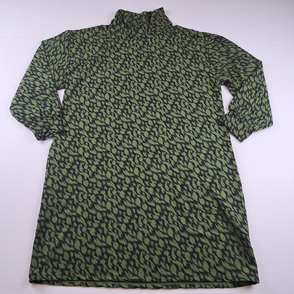 Garnet Hill Dress Womens Large Green Animal Print Turtleneck Shift Jersey Knee